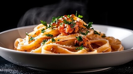 A steaming bowl of lobster fettuccine garnished with fresh herbs, showcasing comfort food at its finest, evoking feelings of warmth and satisfaction in every bite.