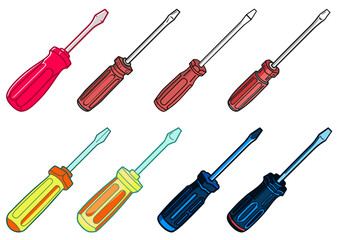 A set of vector illustrations featuring various screwdrivers with different colors and styles.