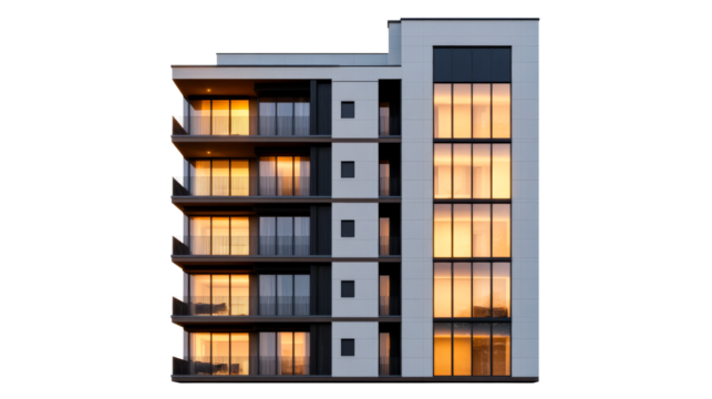 Modern architecture residential building facade at sunset, cut out transparent