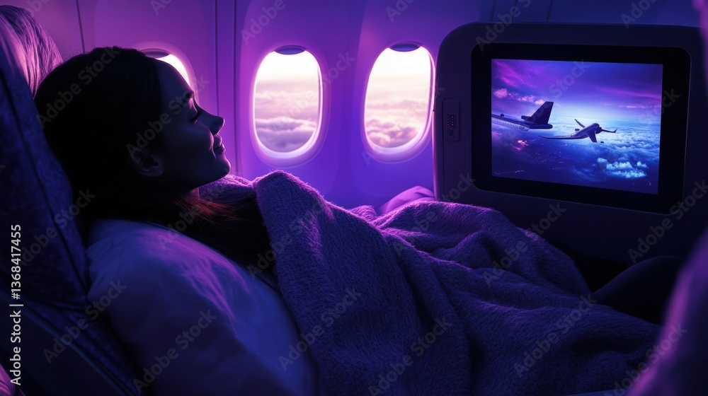 Poster relaxing passenger enjoys in-flight entertainment while wrapped in a blanket under soft cabin lighti