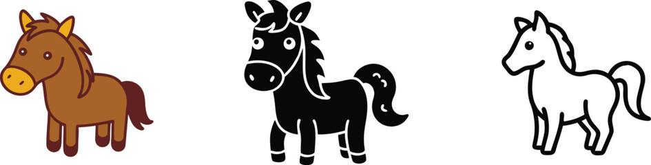 Cartoon Horse Illustrations Brown, Black, White Pony Designs