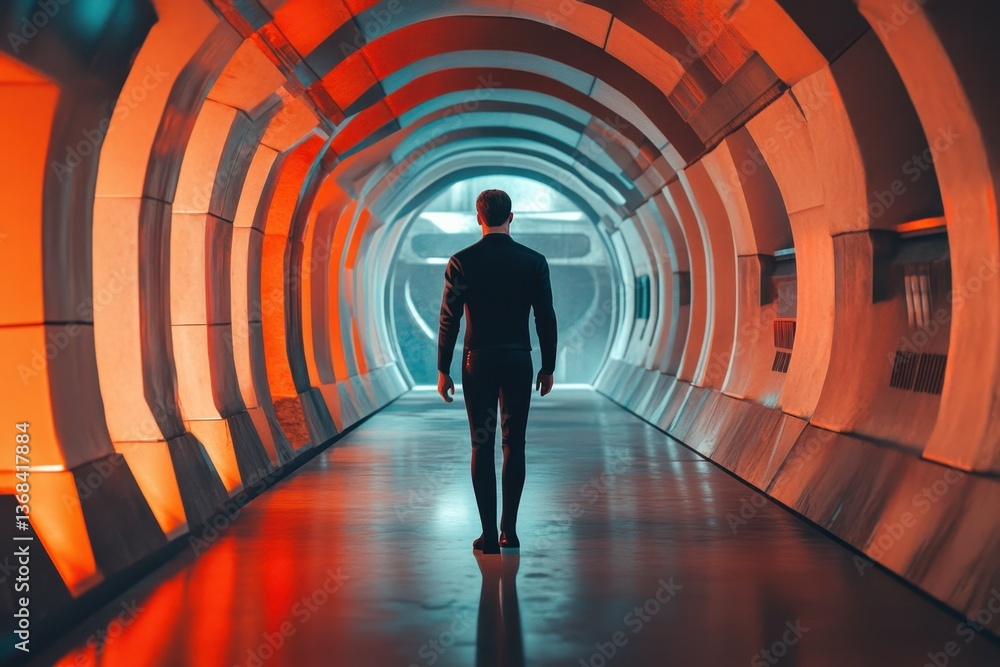 Poster person walking through a futuristic tunnel with glowing lights in a modern architecture setting