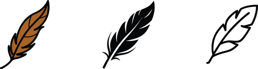 Three Stylized Feather Designs Brown, Black, and Outline