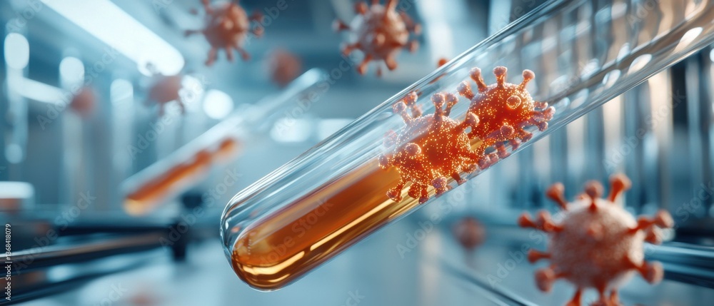 Poster a laboratory setup featuring test tubes filled with fluorescent liquids, used for virus detection an