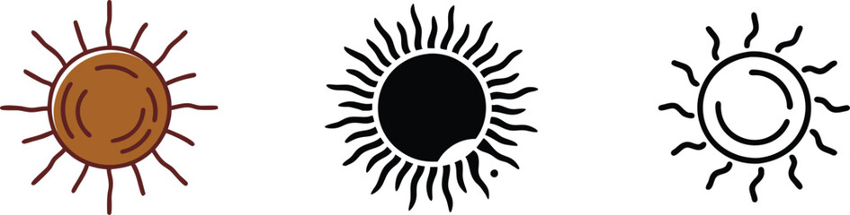 Three Sun vectors Brown, Black, and Outline Styles