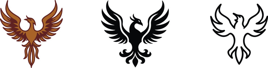 Phoenix Bird Designs Brown, Black, and Outline Styles