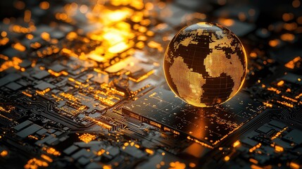 Futuristic Digital Globe on Circuit Board Representing Advanced Technology and Artificial Intelligence Integration