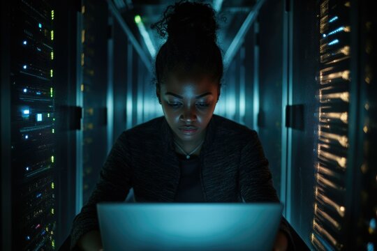 The image features a data center technician working on servers, focusing on her screens with determination.