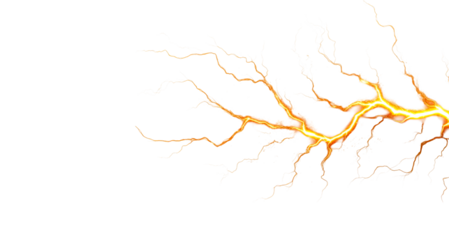 Glowing electric discharge with branching pattern on black background, cut out transparent