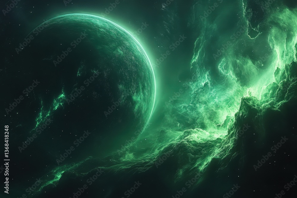 Poster mysterious green planet surrounded by luminous clouds in deep space