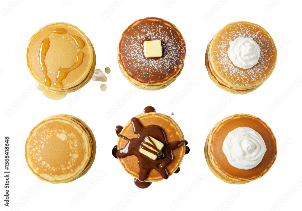 Poster overhead view of six stacks of pancakes with different toppings against a black background