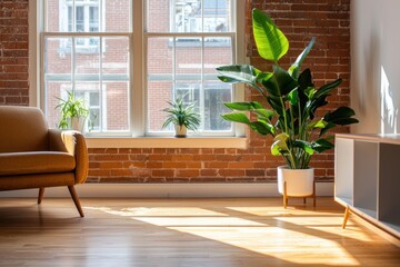 Bright indoor space with large plant and cozy armchair showcasing modern living area with brick wall