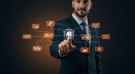 A businessman confidently interacts with a futuristic AI network, showcasing its interconnected capabilities and transformative potential with a sleek, dark background.