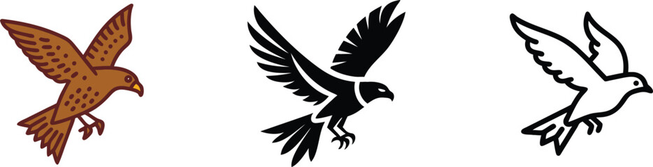 Flying Birds Brown Hawk, Black Eagle, White Dove Illustrations
