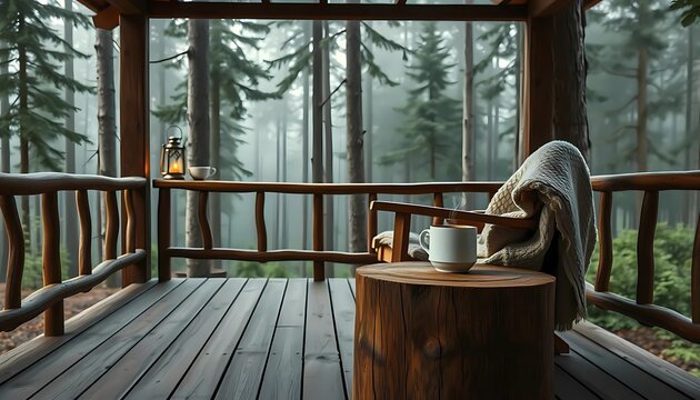 Cozy Morning on a Foggy Forest Porch