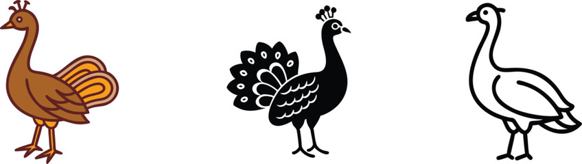 Fototapeta premium Peacock Illustrations Brown, Black, White Line Art Designs