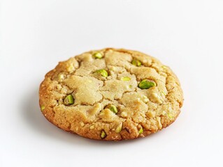 Close-up of a golden brown pistachio cookie with nuts on top, on a white background.