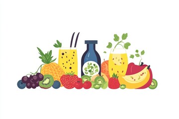 Fresh fruits, juices and vegetables on a tabletop. Healthy diet choice image.