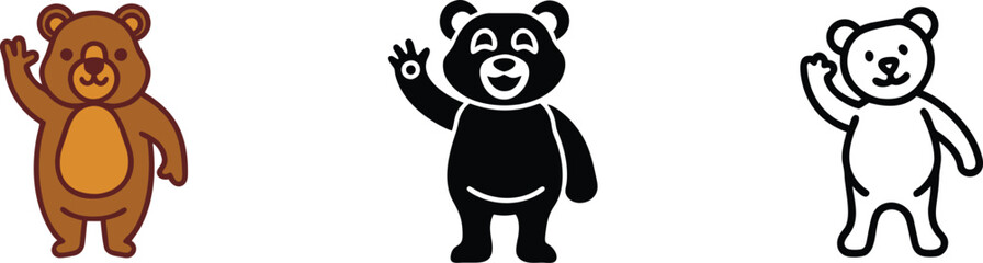 Three Cartoon Bears Waving, Brown, Black, White Outline