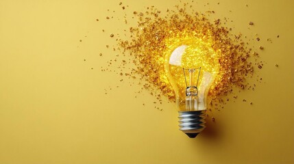 A glowing light bulb surrounded by a burst of sparkling particles on a yellow background