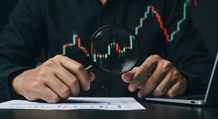 Naklejka premium A discerning investor meticulously examines fluctuating market trends through a magnifying glass, revealing the intricate details of financial growth and potential risk, with a dark, moody aesthetic.