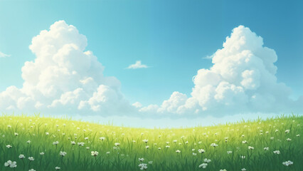 Fototapeta premium Blue sky, white clouds, green grass