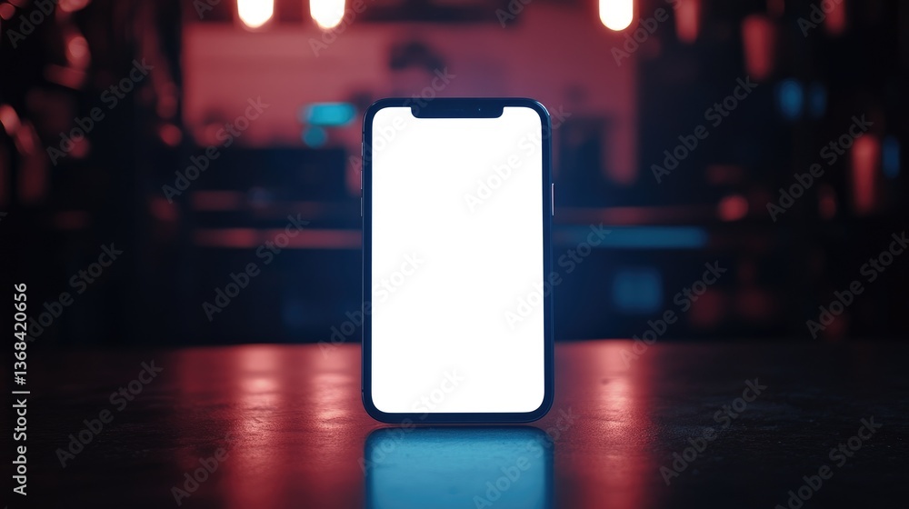Poster phone mockup displaying blank screen in dark environment