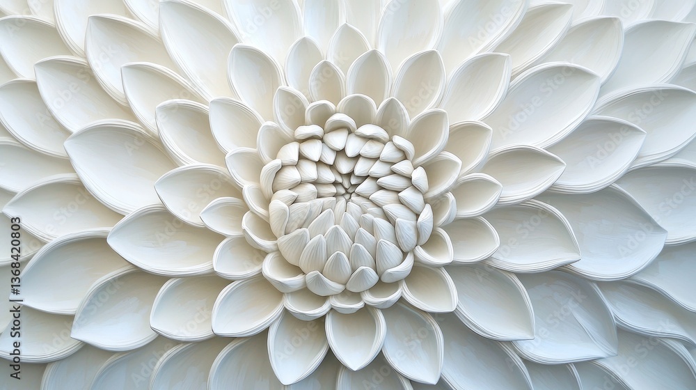 Poster a close-up view of an intricate, white floral design, showcasing delicate petal layers arranged in a