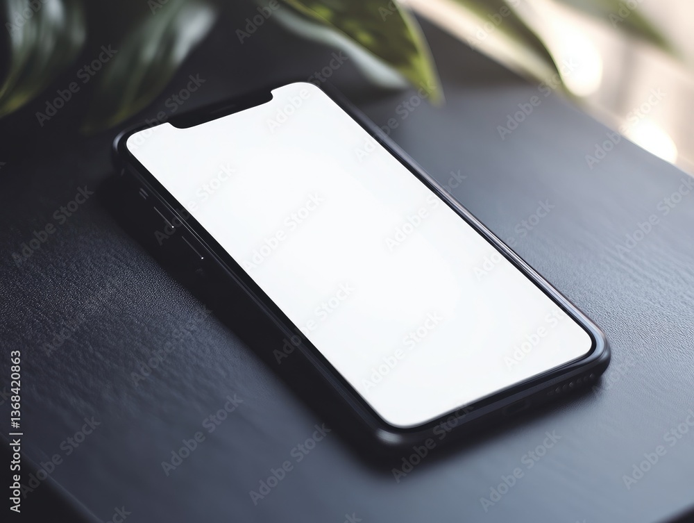 Poster smartphone mockup on a dark surface with greenery backdrop