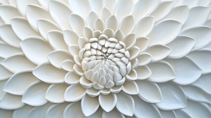 A close-up view of an intricate, white floral design, showcasing delicate petal layers arranged in a mesmerizing spiral pattern.