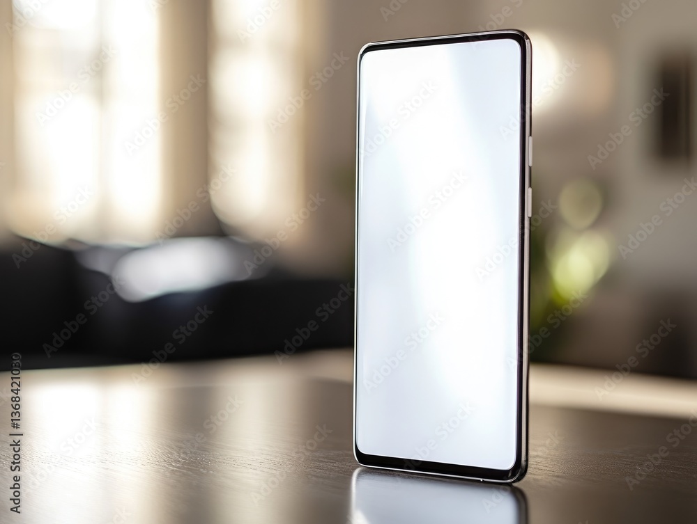 Poster phone mockup displaying blank screen on wooden table background