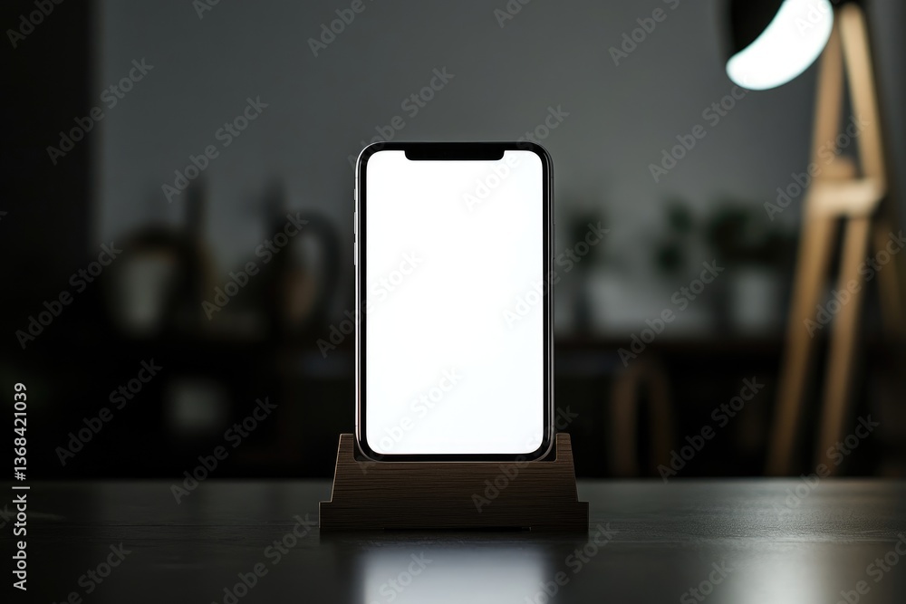 Poster phone mockup displaying blank screen on stand in dim lighting