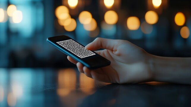 Close-up of a hand holding a smartphone displaying a QR code - Powered by Adobe