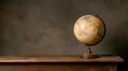 A vintage globe rests on a rustic wooden table against a textured brown backdrop, ideal for themes of travel, education, or geography in marketing, blogs, or classroom materials,
