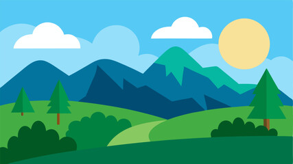 Beautiful landscape vector illustration of mountains, forests, fields and meadows. Stunning panoramic farm landscape with mountains in the background. Natural landscape