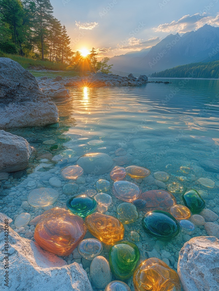 Poster serene lake reflects sunlight with glass beads and gentle mountains in the background, creating a dr