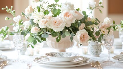 Elegant table setting with floral centerpiece and delicate china for a sophisticated occasion
