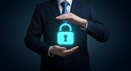 A Person In Dark Blue Suit Protecting Glowing Padlock For Security and Data Protection Concept Over a Dark Blue Background