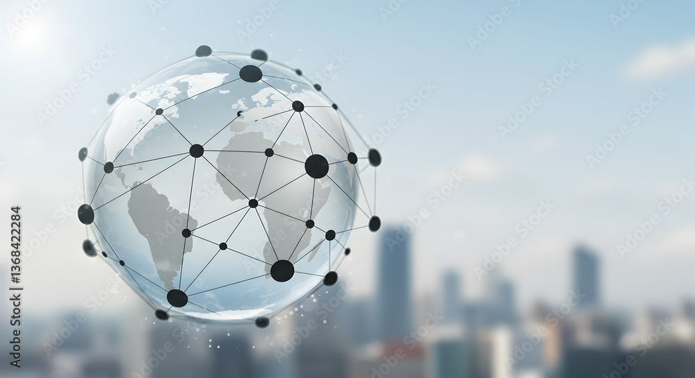 Poster abstract globe with black connected dots over blurry cityscape depicting global communication networ