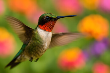 Fototapeta premium Ruby-throated hummingbird in flight with colorful flower background