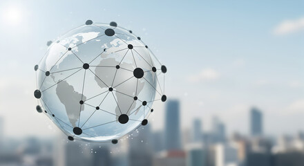 Abstract Globe with Black Connected Dots over Blurry Cityscape Depicting Global Communication Network