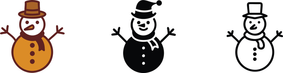 Three Cheerful Snowmen Orange, Black, White Winter Icons