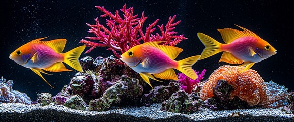 Three vibrant fish swim in reef tank