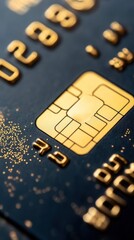 Close-up of credit card chip, security detail, dark background