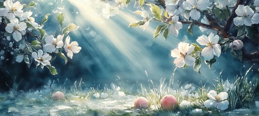 Morning Light in the Orchard, Sunshine filtering through trees