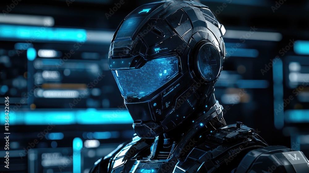 Poster futuristic ai robot head with blue glow and high-tech interface in a dark environment