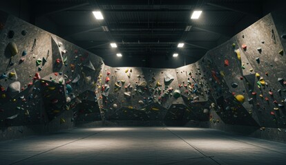 Indoor bouldering gym filled with colorful climbing holds under dim lighting. Promotes fitness and teamwork.