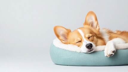 Relaxed corgi sleeping on a cozy pet bed