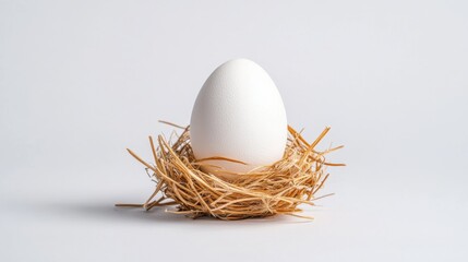 Minimalist white egg in a straw nest on a plain background