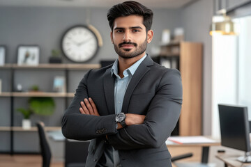 Fototapeta premium Young handsome indian businessman standing at office